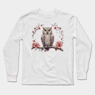 Owl on a tree branch flowers Long Sleeve T-Shirt